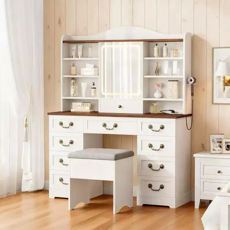 Toeletta con specchio e luci regolabili, set da trucco con sedia, 10 cassetti, 10 ripiani e presa di corrente per la camera da letto