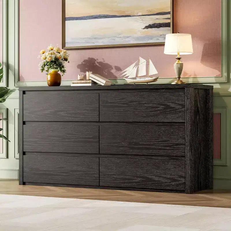 Acekool 6 Drawer Dresser, Modern Wide Storage Chest, Handle-Free Large Organizer Cabinet for Bedroom, Living Room, Entryway
