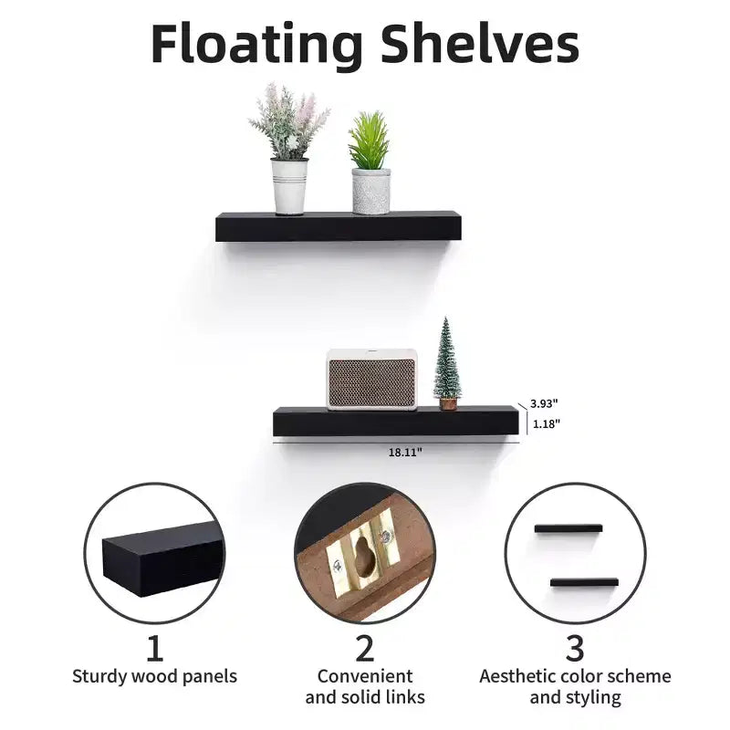 Mensola galleggiante a LED nera da 15,75 pollici con staffa invisibile per montaggio a parete in legno con LED integrato, perfetta per l'arredamento di bagno/camera da letto/cucina o come espositore per libri/piante