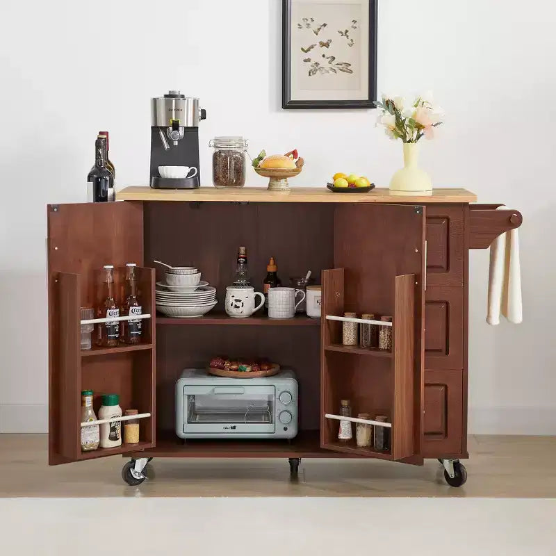 Carrello da cucina su ruote da 53,78 pollici con anta a ribalta, carrello da cucina con mobile a 2 ante e 3 cassetti