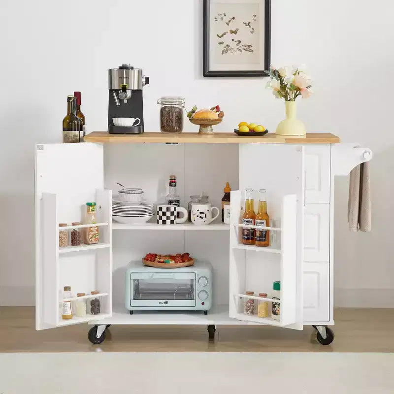 Carrello da cucina su ruote da 53,78 pollici con anta a ribalta, carrello da cucina con mobile a 2 ante e 3 cassetti