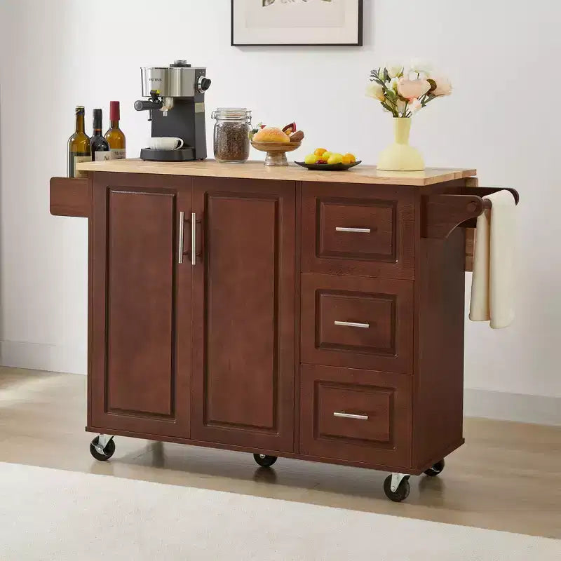 Carrello da cucina su ruote da 53,78 pollici con anta a ribalta, carrello da cucina con mobile a 2 ante e 3 cassetti