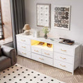 63 Inch White 9 Drawer Dresser for Bedroom LED TV Stand for 75 inch TV with Charging Station Power Outlets Fabric Storage Chest Media Console Table