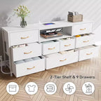 Comò bianco a 9 cassetti da 160 cm per camera da letto, mobile TV a LED per TV da 75 pollici con stazione di ricarica, prese di corrente, cassettiera in tessuto, mobile multimediale