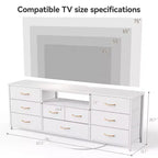 Comò bianco a 9 cassetti da 160 cm per camera da letto, mobile TV a LED per TV da 75 pollici con stazione di ricarica, prese di corrente, cassettiera in tessuto, mobile multimediale