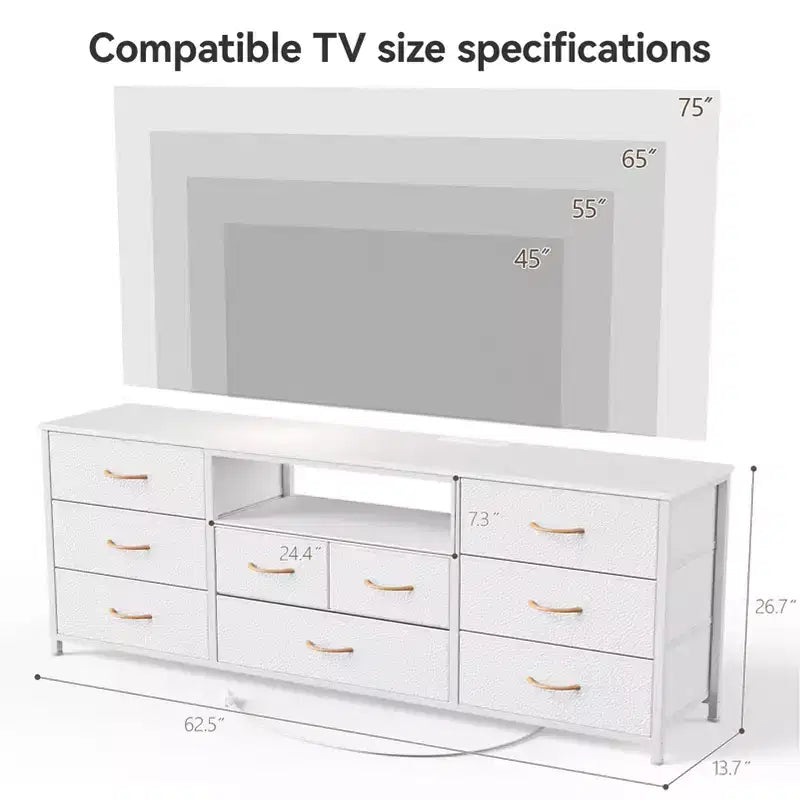 Comò bianco a 9 cassetti da 160 cm per camera da letto, mobile TV a LED per TV da 75 pollici con stazione di ricarica, prese di corrente, cassettiera in tessuto, mobile multimediale