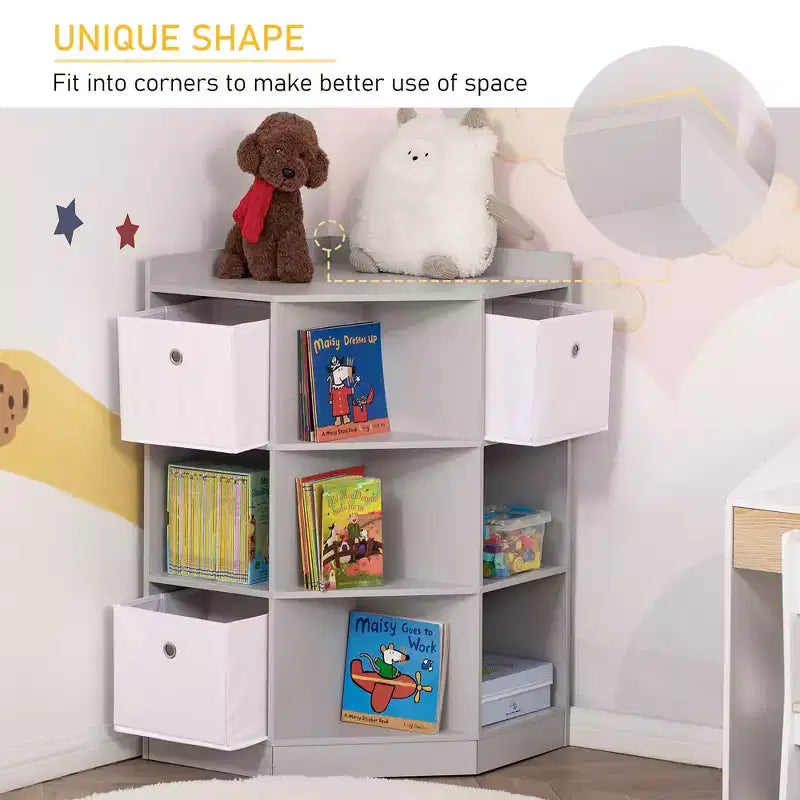 Mobile Angolare per Bambini, Organizer con Scomparti per Giocattoli, Scaffale con Tre Cesti per Sala Giochi, Camera da Letto, Soggiorno, Grigio