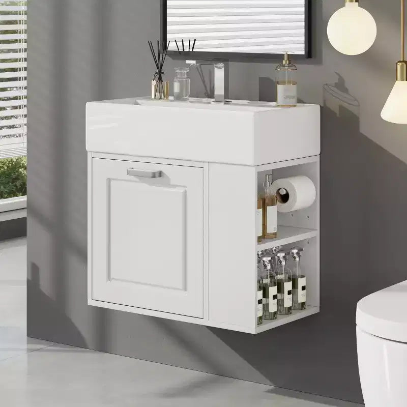 Mobiletto da bagno da parete 21.8 con lavabo, Mobiletto contenitore da bagno con cassetti, Mobile lavabo singolo con ripiano regolabile