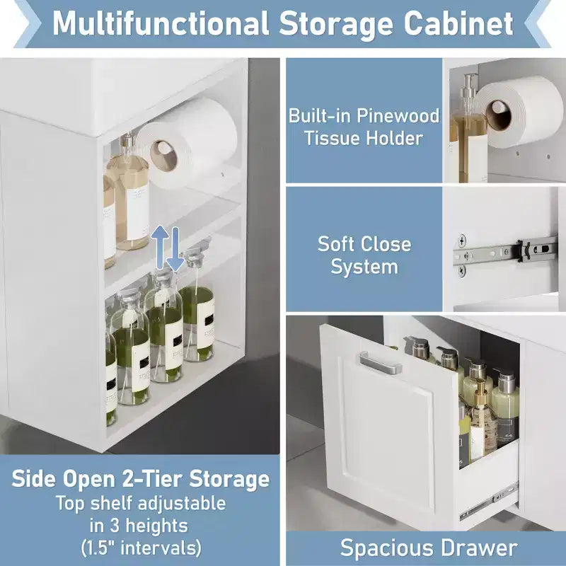 Mobiletto da bagno da parete 21.8 con lavabo, Mobiletto contenitore da bagno con cassetti, Mobile lavabo singolo con ripiano regolabile