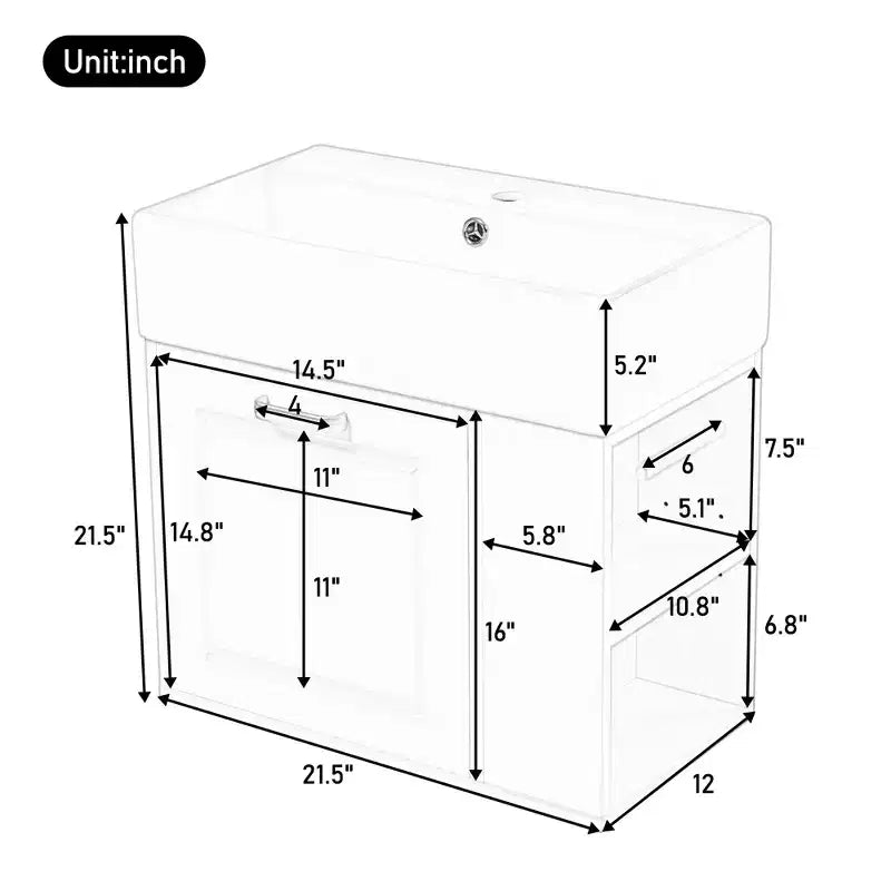 Mobiletto da bagno da parete 21.8 con lavabo, Mobiletto contenitore da bagno con cassetti, Mobile lavabo singolo con ripiano regolabile