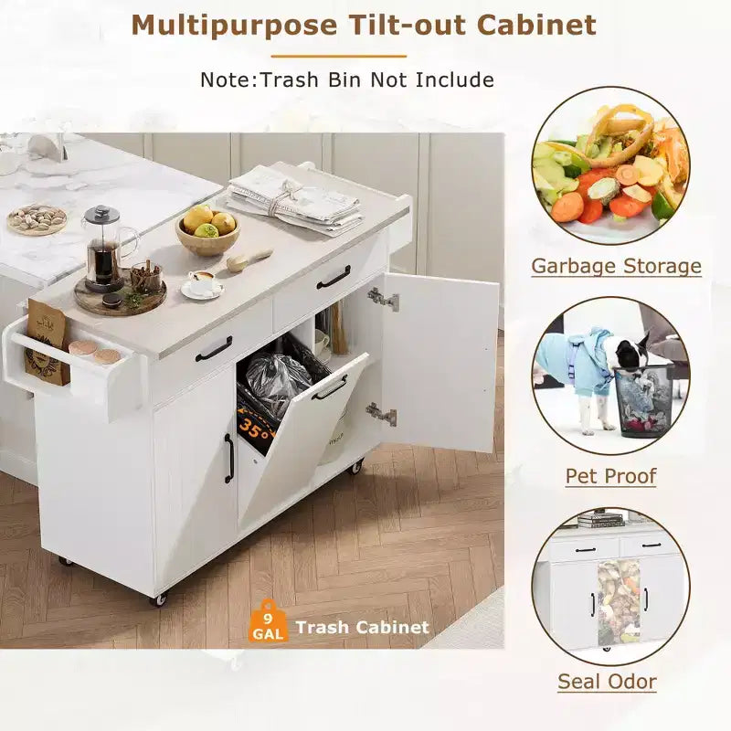 Carrello da cucina pieghevole multifunzionale con pattumiera, armadietto e cassetti, isola su ruote con ripiani regolabili, bianco