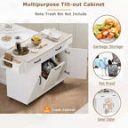 Carrello da cucina pieghevole multifunzionale con pattumiera, armadietto e cassetti, isola su ruote con ripiani regolabili, bianco