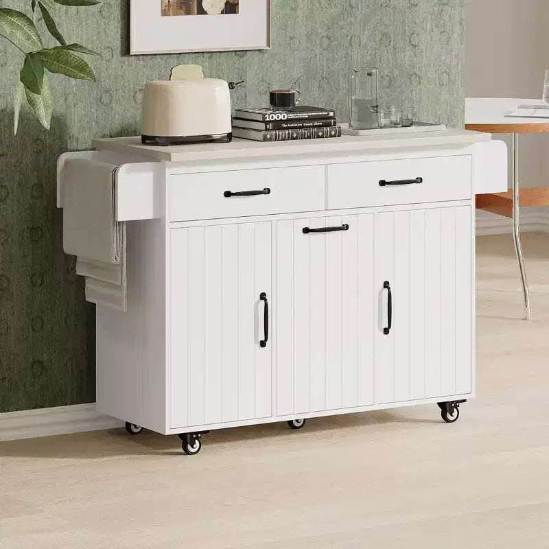 Carrello da cucina pieghevole multifunzionale con pattumiera, armadietto e cassetti, isola su ruote con ripiani regolabili, bianco