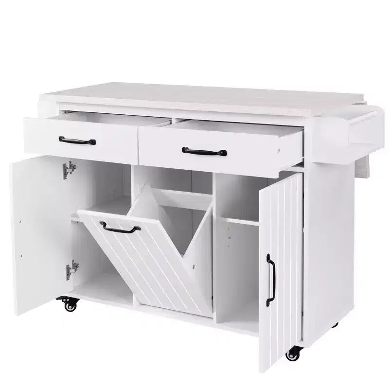 Carrello da cucina pieghevole multifunzionale con pattumiera, armadietto e cassetti, isola su ruote con ripiani regolabili, bianco