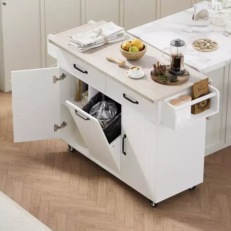 Carrello da cucina pieghevole multifunzionale con pattumiera, armadietto e cassetti, isola su ruote con ripiani regolabili, bianco