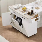 Carrello da cucina pieghevole multifunzionale con pattumiera, armadietto e cassetti, isola su ruote con ripiani regolabili, bianco