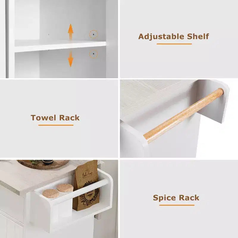 Carrello da cucina pieghevole multifunzionale con pattumiera, armadietto e cassetti, isola su ruote con ripiani regolabili, bianco