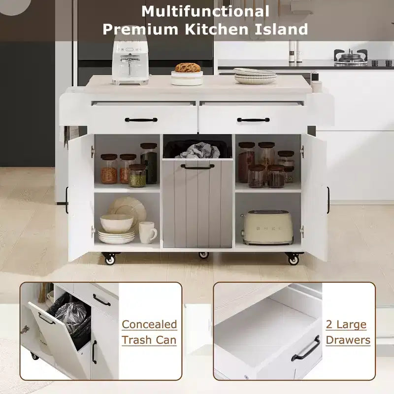 Carrello da cucina pieghevole multifunzionale con pattumiera, armadietto e cassetti, isola su ruote con ripiani regolabili, bianco