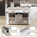 Carrello da cucina pieghevole multifunzionale con pattumiera, armadietto e cassetti, isola su ruote con ripiani regolabili, bianco