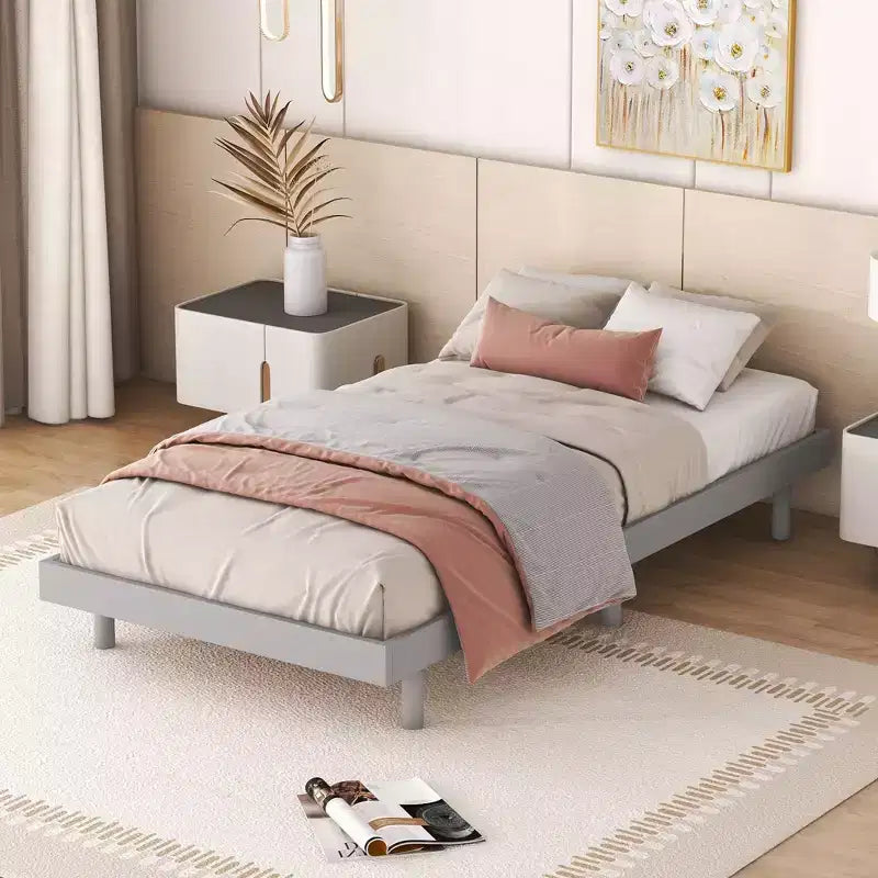 Letto a Piattaforma con Doghe Spesse Collegate, Telaio Letto Flottante in Legno Massiccio Senza Testiera per Camera da Letto
