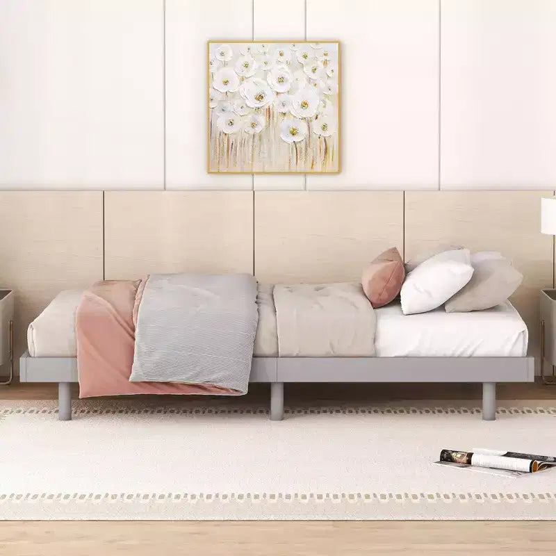Letto a Piattaforma con Doghe Spesse Collegate, Telaio Letto Flottante in Legno Massiccio Senza Testiera per Camera da Letto