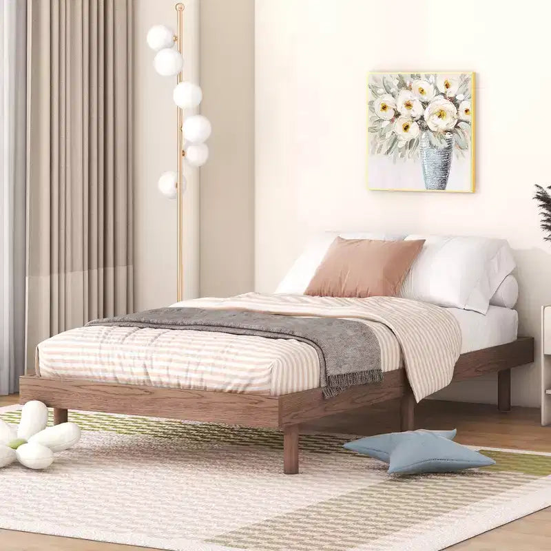 Letto a Piattaforma con Doghe Spesse Collegate, Telaio Letto Flottante in Legno Massiccio Senza Testiera per Camera da Letto