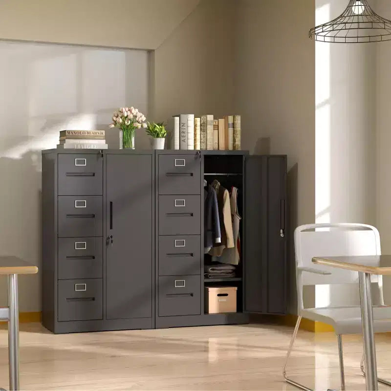 Armadietto verticale in metallo a 4 cassetti e 1 anta da 132 cm con serratura, schedario in acciaio nero per casa/ufficio/scuola/soggiorno