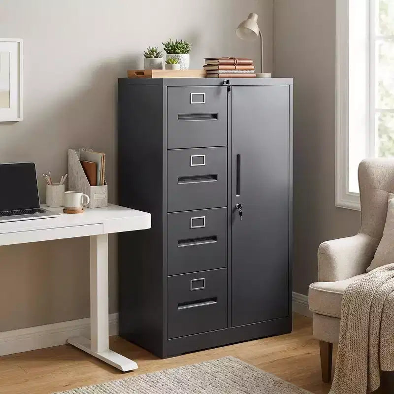 Armadietto verticale in metallo a 4 cassetti e 1 anta da 132 cm con serratura, schedario in acciaio nero per casa/ufficio/scuola/soggiorno