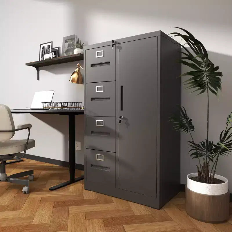 Armadietto verticale in metallo a 4 cassetti e 1 anta da 132 cm con serratura, schedario in acciaio nero per casa/ufficio/scuola/soggiorno