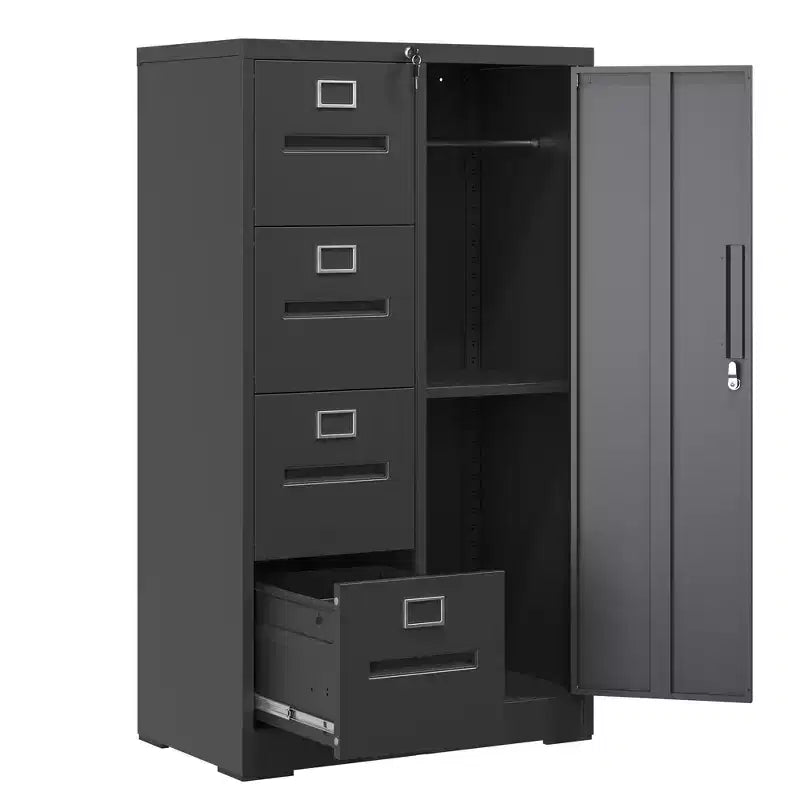 Armadietto verticale in metallo a 4 cassetti e 1 anta da 132 cm con serratura, schedario in acciaio nero per casa/ufficio/scuola/soggiorno