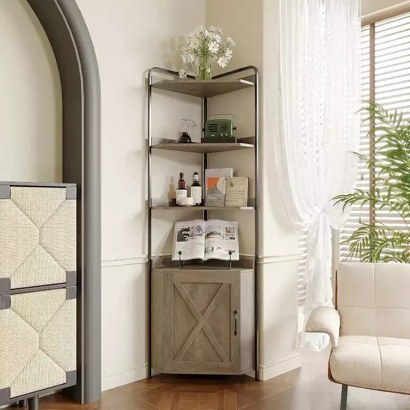 Mensola angolare, Libreria, Scaffale in piedi, Scaffale per documenti, Scaffale a muro, 3 ripiani e armadietto, MDF + metallo, Grigio Sonoma, 60 x 42 x 180 cm