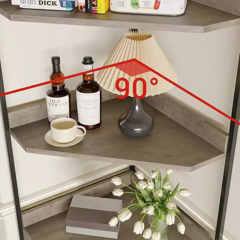 Mensola angolare, Libreria, Scaffale in piedi, Scaffale per documenti, Scaffale a muro, 3 ripiani e armadietto, MDF + metallo, Grigio Sonoma, 60 x 42 x 180 cm