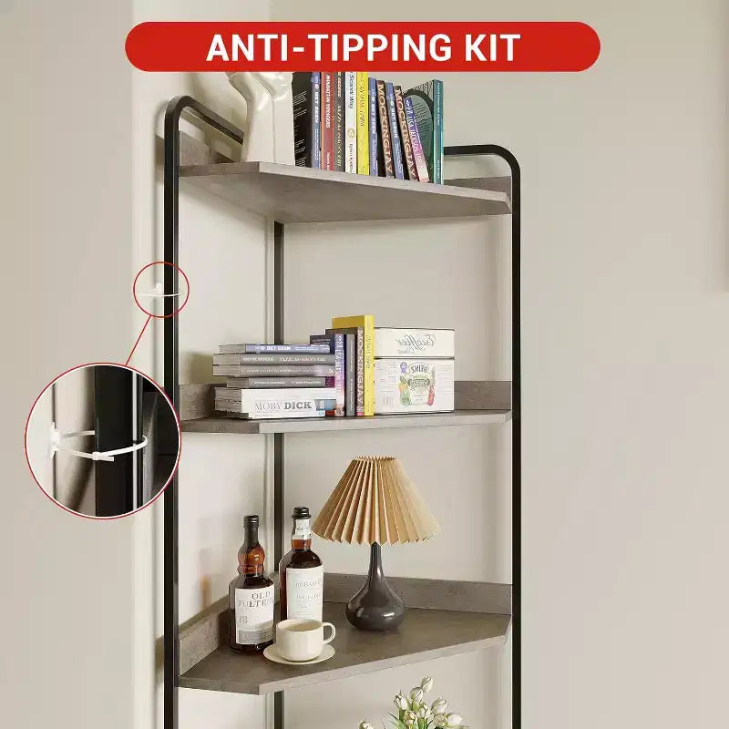 Mensola angolare, Libreria, Scaffale in piedi, Scaffale per documenti, Scaffale a muro, 3 ripiani e armadietto, MDF + metallo, Grigio Sonoma, 60 x 42 x 180 cm
