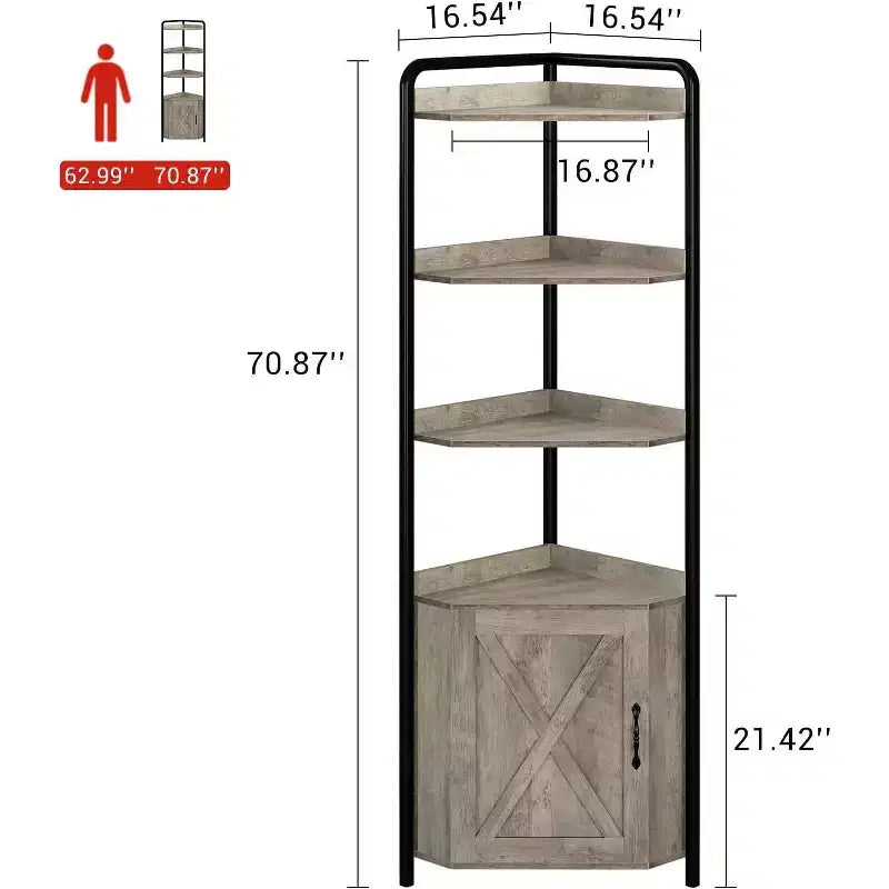 Mensola angolare, Libreria, Scaffale in piedi, Scaffale per documenti, Scaffale a muro, 3 ripiani e armadietto, MDF + metallo, Grigio Sonoma, 60 x 42 x 180 cm