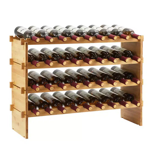 36 Bottles Stackable Modular Wine Rack, 4 Tier Wooden Wine Storage Rack, Bamboo Wine Display Shelves, Wobble-Free Wine Holder Freestanding