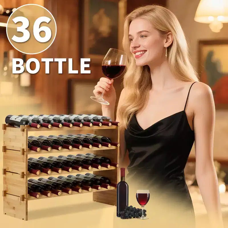 Portabottiglie modulare impilabile da 36 bottiglie, scaffale portavino in legno a 4 livelli, scaffali per vino in bambù, portabottiglie autoportante anti-oscillazione