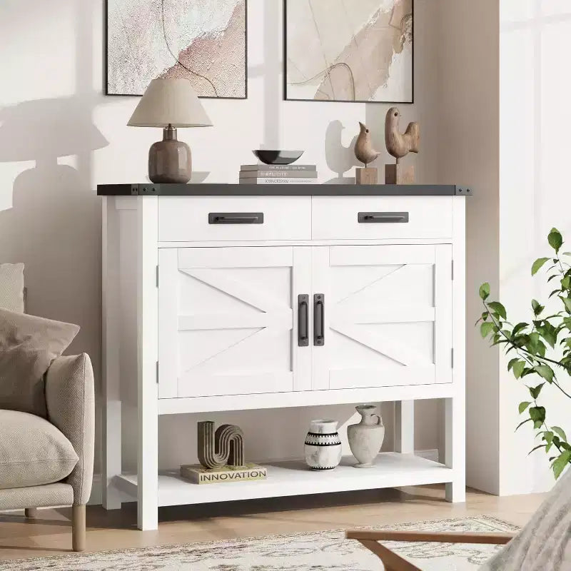 Consolle in legno minimalista con armadietto a due ante e due cassetti, mobile bar, tavolino da divano, adatto per soggiorni e corridoi