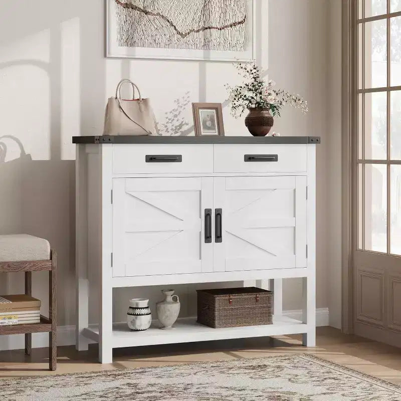 Consolle in legno minimalista con armadietto a due ante e due cassetti, mobile bar, tavolino da divano, adatto per soggiorni e corridoi
