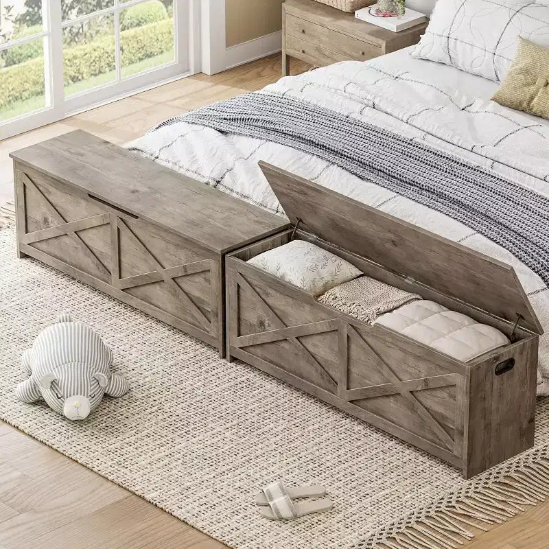 Panca contenitore da 120 cm, Panca portaoggetti in legno con cerniere di sicurezza, Facile da montare, Grande panca scarpiera per ingresso, soggiorno, camera da letto