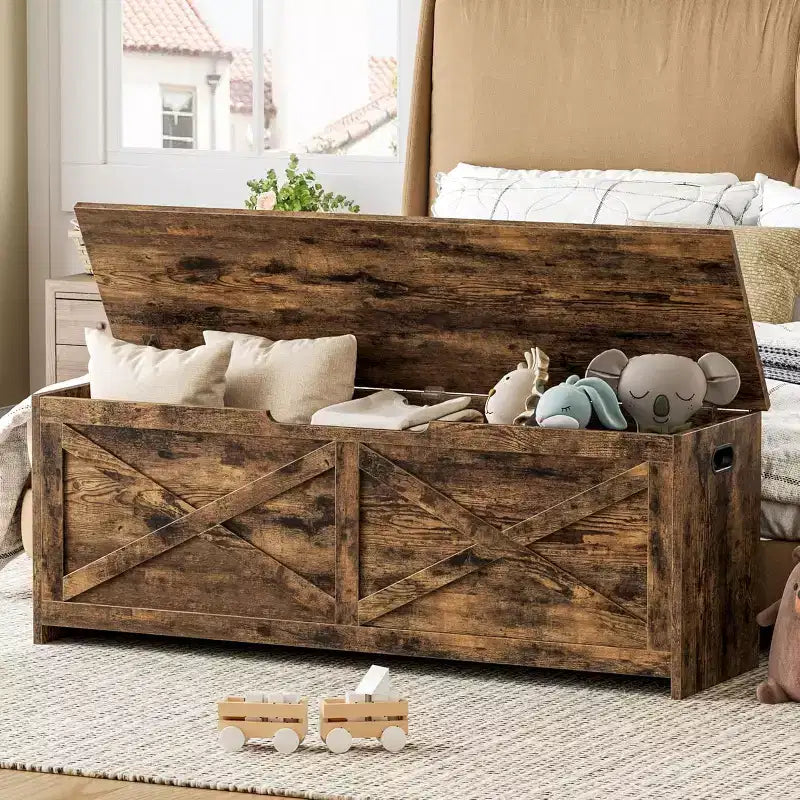 Panca contenitore da 120 cm, Panca portaoggetti in legno con cerniere di sicurezza, Facile da montare, Grande panca scarpiera per ingresso, soggiorno, camera da letto