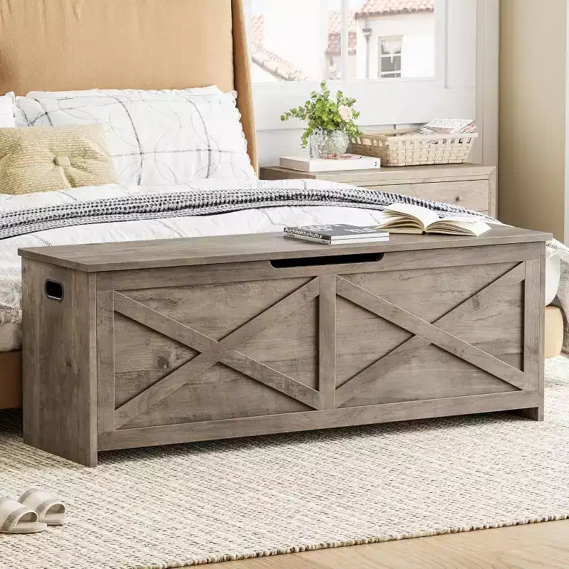 Panca contenitore da 120 cm, Panca portaoggetti in legno con cerniere di sicurezza, Facile da montare, Grande panca scarpiera per ingresso, soggiorno, camera da letto