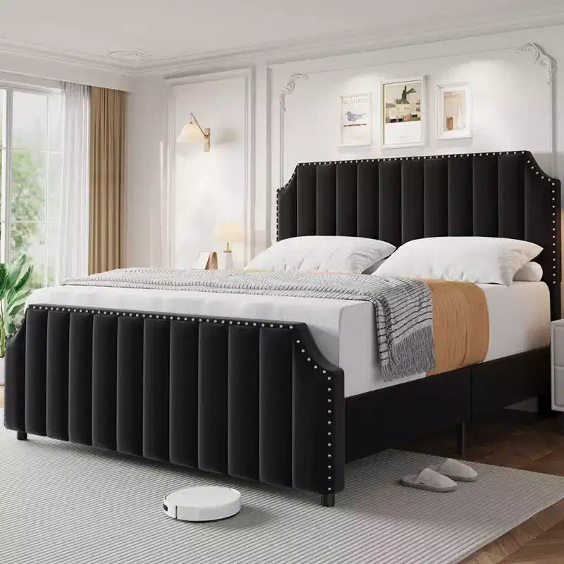 Black Velvet Bed Frame  50.2 Channel Tufted Headboard, Upholstered Platform with Wooden Slats, No Box Spring Needed