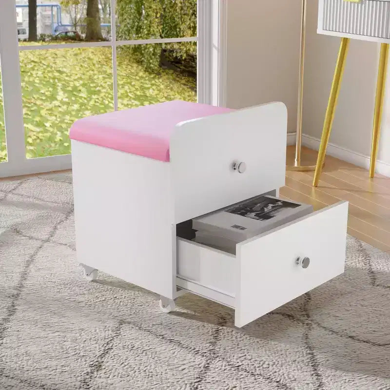Sgabello da Toilette con Cassetto Contenitore, Pouf in PU 44x38.5x44 cm con Ruote Bloccabili, Sedile Trucco Moderno per Camera da Letto