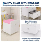 Sgabello da Toilette con Cassetto Contenitore, Pouf in PU 44x38.5x44 cm con Ruote Bloccabili, Sedile Trucco Moderno per Camera da Letto