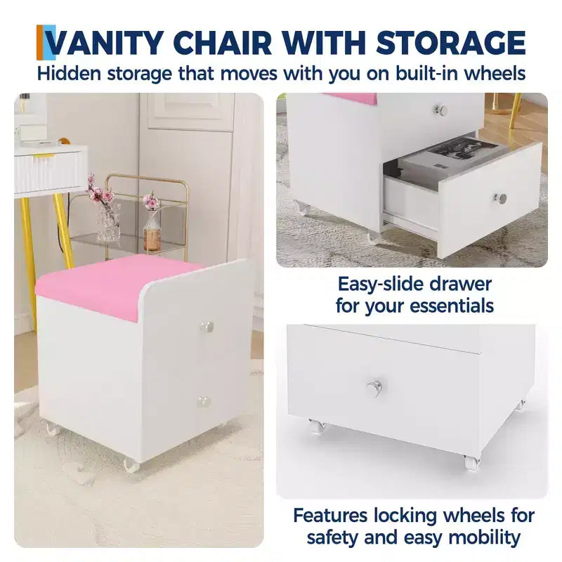 Sgabello da Toilette con Cassetto Contenitore, Pouf in PU 44x38.5x44 cm con Ruote Bloccabili, Sedile Trucco Moderno per Camera da Letto