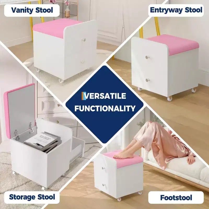 Sgabello da Toilette con Cassetto Contenitore, Pouf in PU 44x38.5x44 cm con Ruote Bloccabili, Sedile Trucco Moderno per Camera da Letto