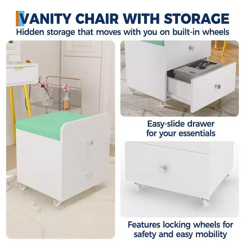 Sgabello da Toilette con Cassetto Contenitore, Pouf in PU 44x38.5x44 cm con Ruote Bloccabili, Sedile Trucco Moderno per Camera da Letto