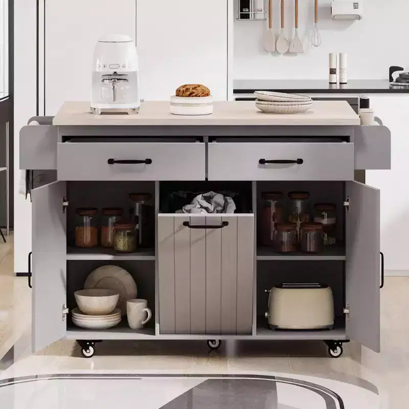Kitchen Island Cart with Trash Can Storage, Drop-Leaf Counter, Drawer, Spice & Towel Racks, Adjustable Shelf, Rolling Kitchen Cart on Wheels, White