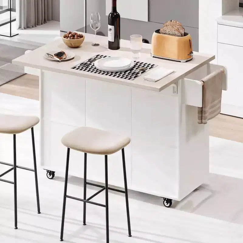 Carrello da Cucina con Contenitore per Spazzatura, Top a Scomparsa, Cassetto, Portaspezie e Portasciugamani, Ripiano Regolabile, Carrello da Cucina su Ruote, Bianco