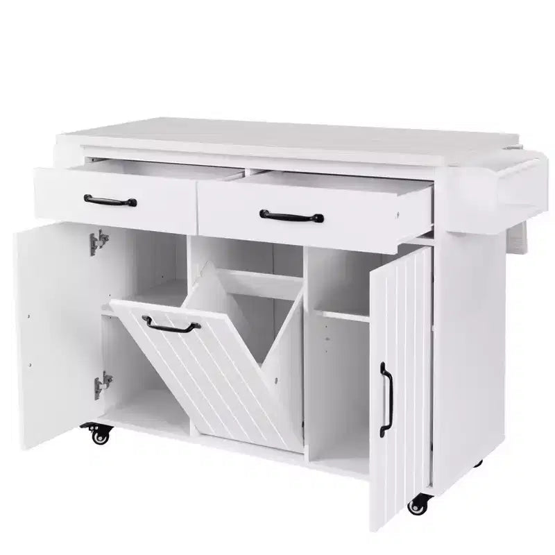 Carrello da Cucina con Contenitore per Spazzatura, Top a Scomparsa, Cassetto, Portaspezie e Portasciugamani, Ripiano Regolabile, Carrello da Cucina su Ruote, Bianco